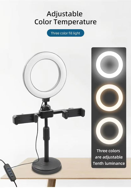 TIGO Dual Phone Holder w/ 16cm Led Selfie Ring Light & Tripod Stand for Video recording and Vlogging