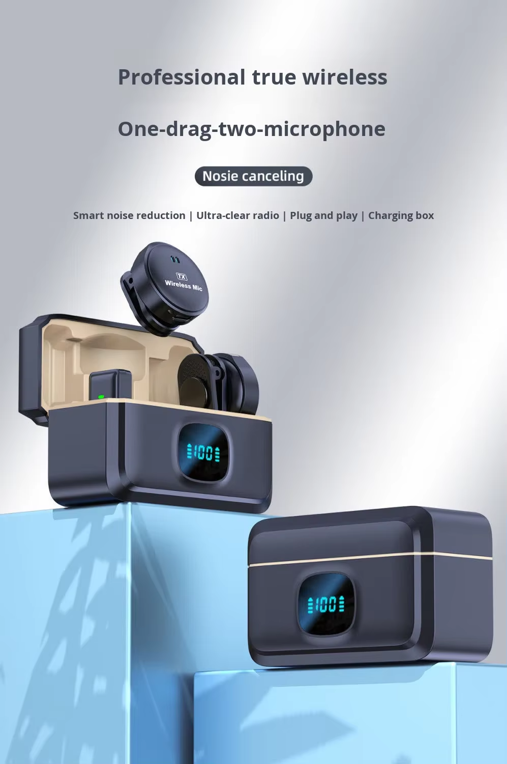TIGO Q8 Magnetic Wireless Lavalier Microphone w/ USB-C connector & One-to-Two Charging Case