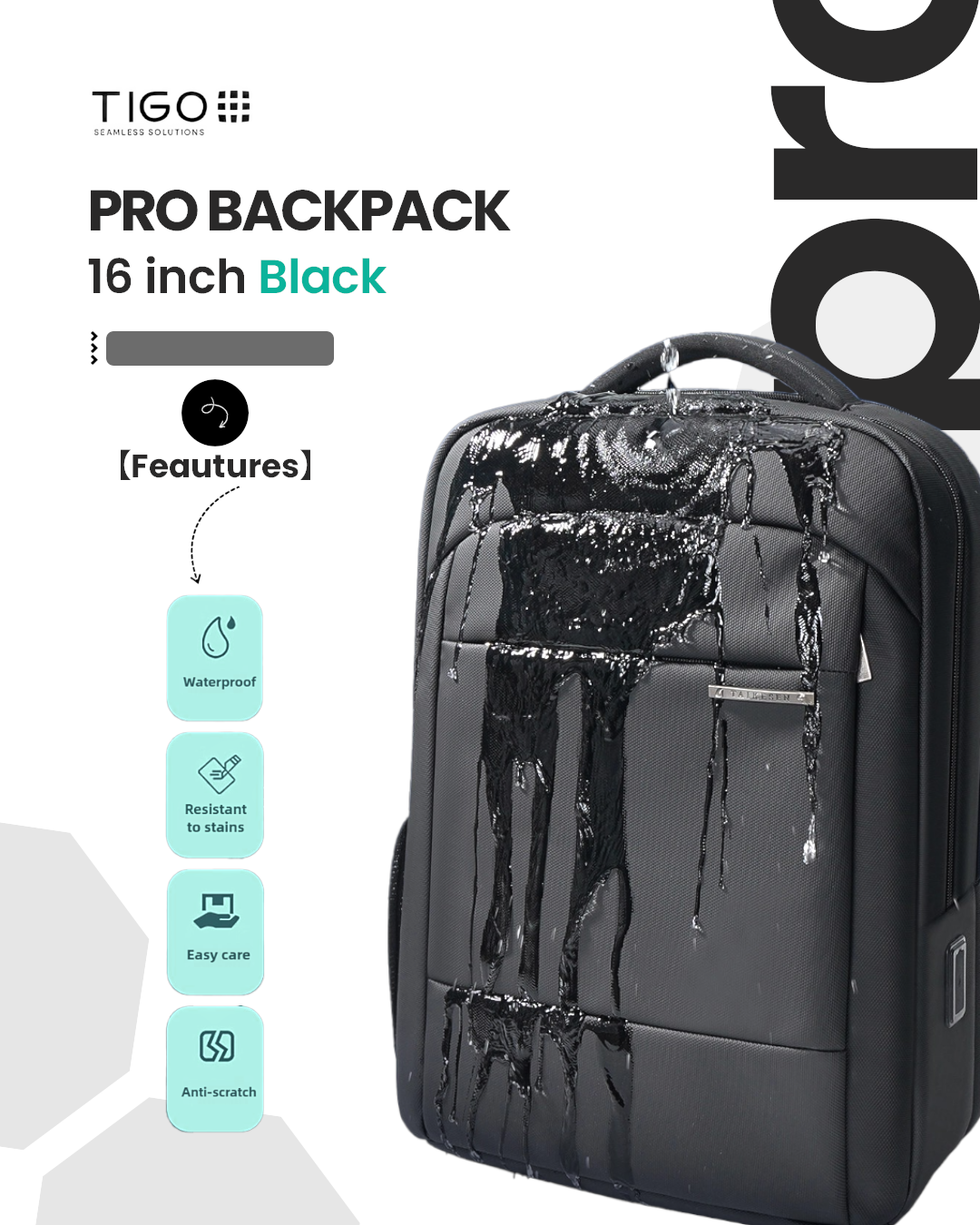TIGO 16 inch Waterproof Unisex Travel Backpack with USB Charging Port