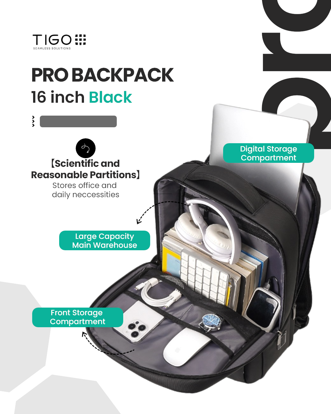 TIGO 16 inch Waterproof Unisex Travel Backpack with USB Charging Port