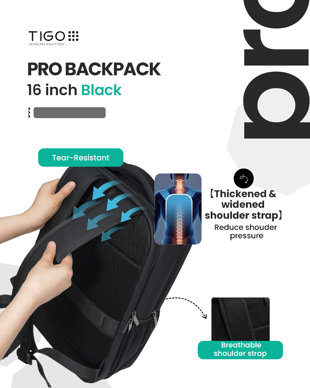 TIGO 16 inch Waterproof Unisex Travel Backpack with USB Charging Port