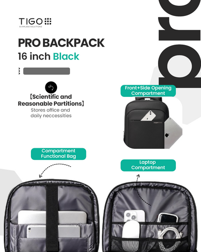 TIGO 16 inch Waterproof Unisex Travel Backpack with USB Charging Port