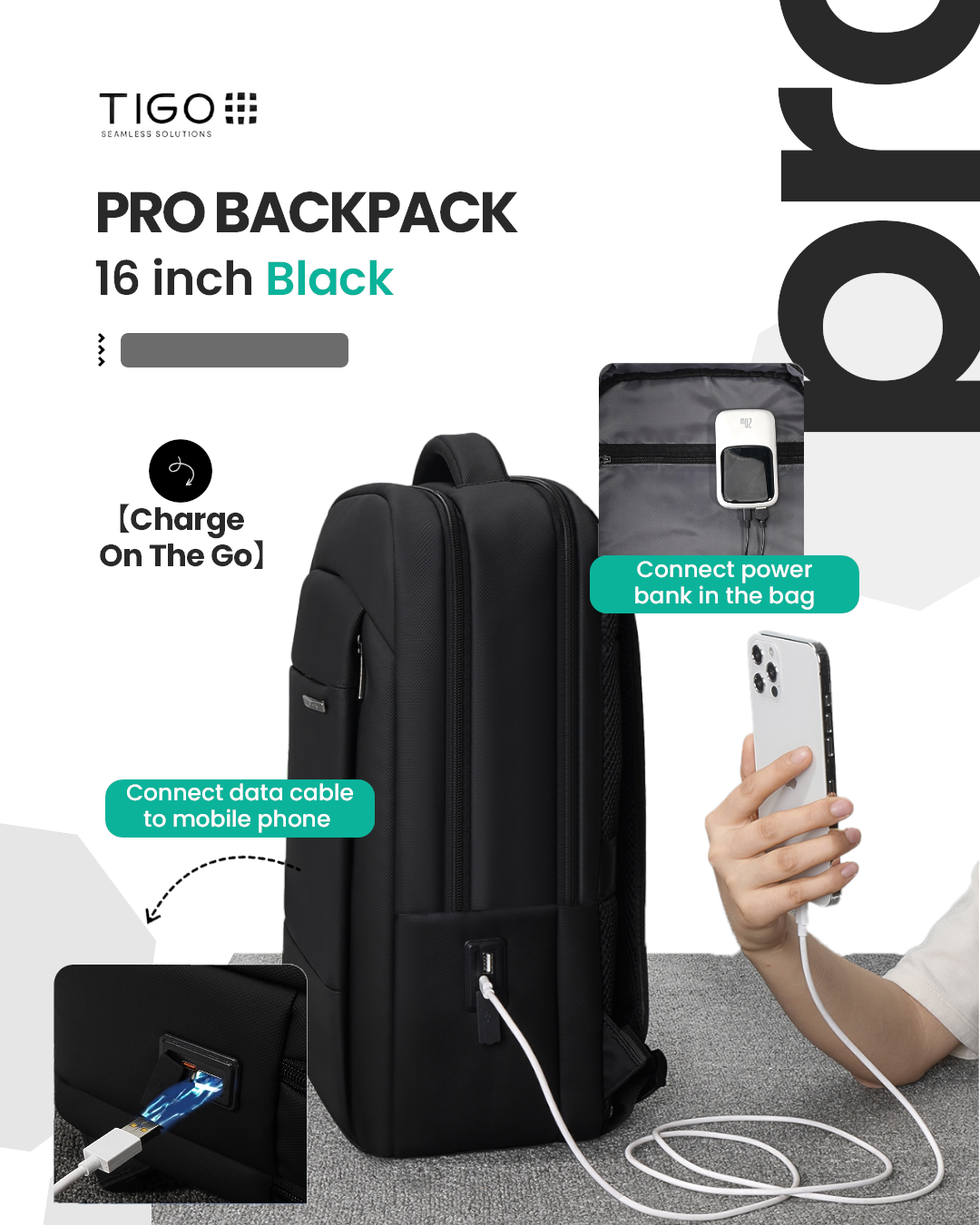 TIGO 16 inch Waterproof Unisex Travel Backpack with USB Charging Port